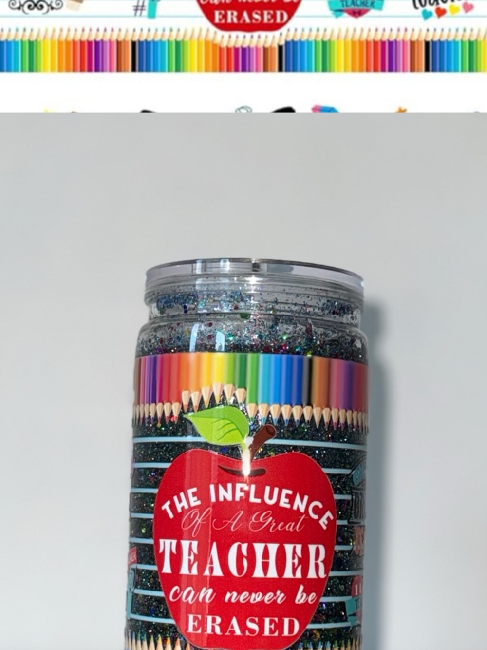 Teacher Glitter Pencil Tumbler - Red Apple Design